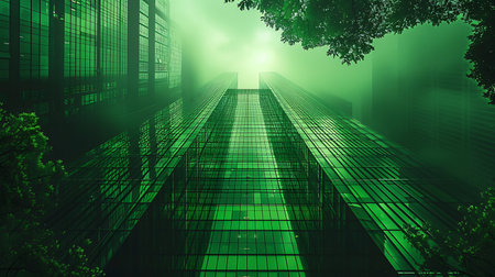 Futuristic modern city in green tones with skyscrapers and treesの素材