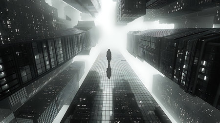 Silhouette of a businesswoman in front of a skyscraperの素材