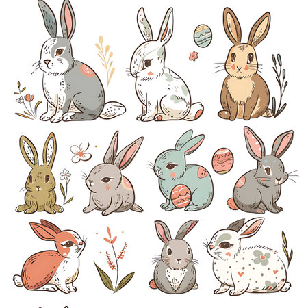 Set of cute hand drawn bunnies and easter eggs. Vector illustration.の素材