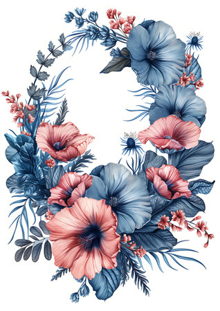 Beautiful watercolor floral wreath with red and blue flowers.の素材