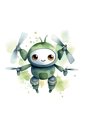 Cute cartoon robot with wings. Vector illustration on white background.の素材