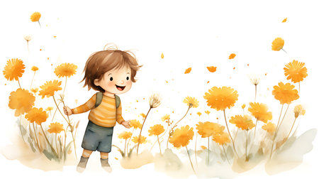 Illustration of a boy playing with dandelion on a white backgroundの素材