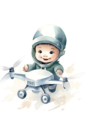Little boy in a spacesuit with a quadcopter. Vector illustration.の素材