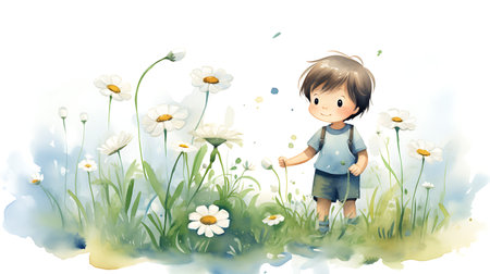 cartoon scene with boy and daisies in the meadow illustration for childrenの素材