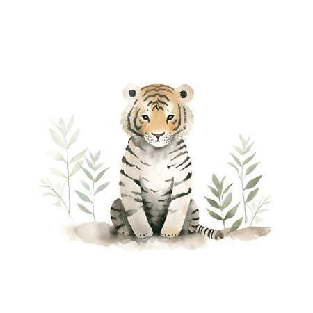 Watercolor illustration of a tiger sitting in the grass. Isolated on white background.の素材
