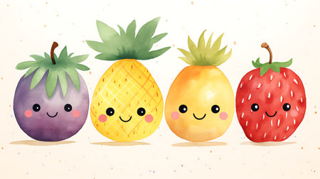 Cute watercolor pineapple, strawberry, pineapple and plum characters.の素材