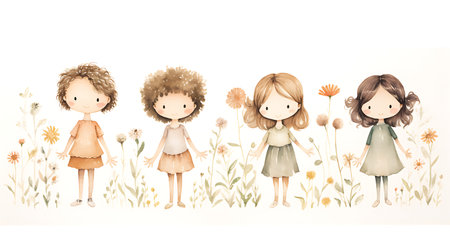 Cute little girls with flowers on white background. Hand drawn illustration.の素材
