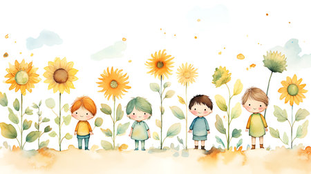 Illustration of cute little kids in the field with sunflowersの素材