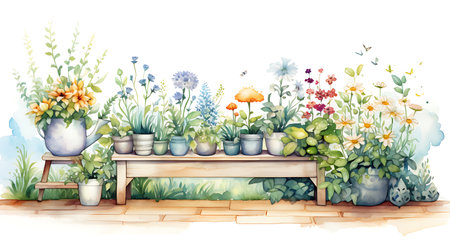 Illustration of a terrace with flowers and plants. Watercolorの素材
