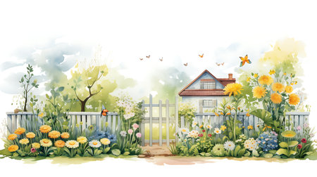 Beautiful summer garden with flowers, fence and butterflies. Watercolor illustration.の素材