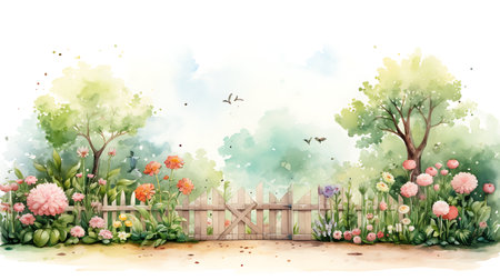 Watercolor landscape with wooden fence, flowers and birds. Vector illustration.の素材