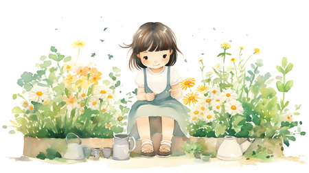 Cute little girl watering flowers in the garden. Vector illustration.の素材