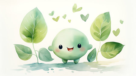 Cute little green baby with leaves on white background. Vector illustration.の素材