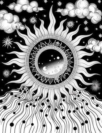 Sun and clouds. Black and white vector illustration for coloring book.の素材