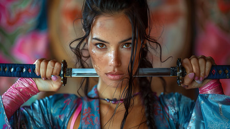 Portrait of a beautiful young woman with katana in her handsの素材