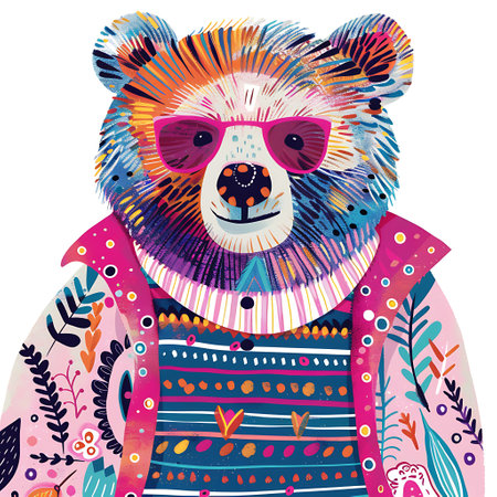 Vector illustration of a cute bear in a colorful sweater and sunglasses.の素材