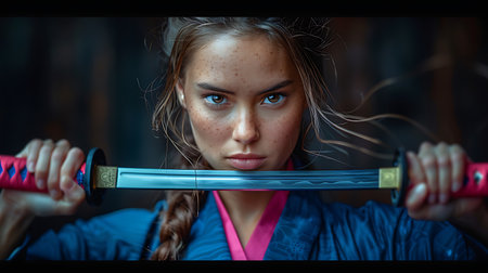Portrait of a young woman with a samurai sword in her hands.の素材