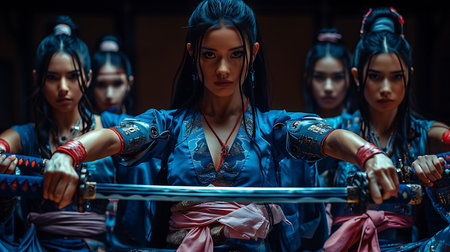 Kung fu master and japanese samurai girls in the studioの素材