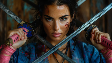 Portrait of a girl with a sword on a wooden background.の素材