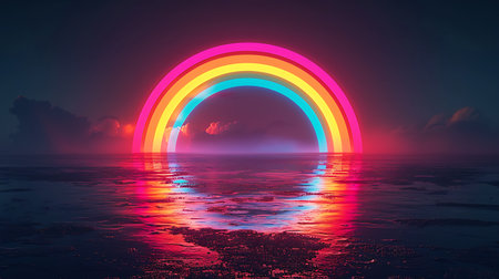 3d illustration of rainbow on the sea at night with reflection in waterの素材