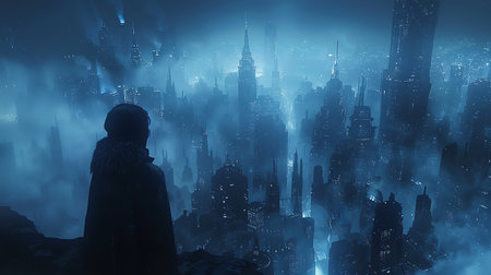 Mysterious silhouette of a man in front of a huge cityの素材