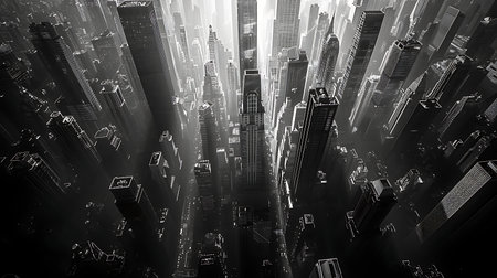 Abstract black and white 3D rendering of skyscrapers in the cityの素材