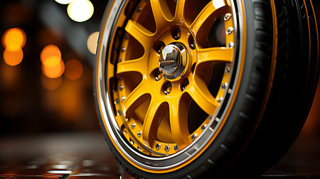 3D rendering of a car wheel on a dark background with bokehの素材