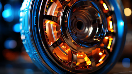 Close-up of a spinning reel on a dark background. 3d renderingの素材
