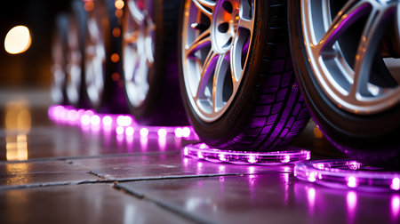 Car wheels with led strip on the floor. Close-up.の素材