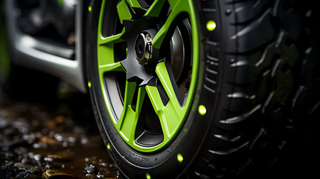 Close-up of a green wheel of a modern sports car on a dark backgroundの素材