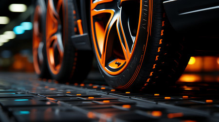 Close up of car wheels on a laptop computer. 3d renderingの素材