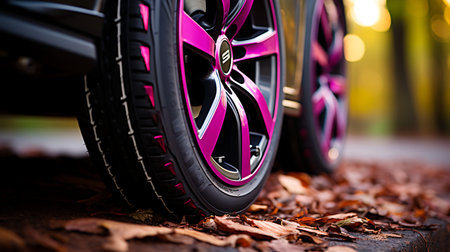 Close-up image of a new modern car wheel with a pink alloy wheel.の素材