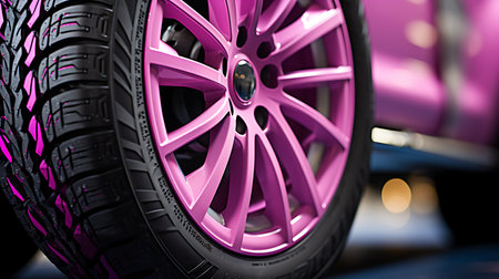 Close-up of pink car wheel. 3D rendering. Clipping path included.の素材
