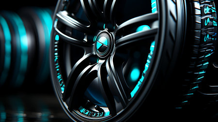 3d illustration of metal alloy wheels in blue light with reflective surfaceの素材
