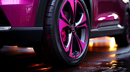 Rear wheel of a purple sports car on a blurred background.の素材