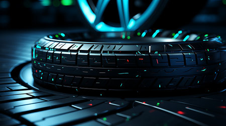 3d rendering of a futuristic car wheel in cyberspace.の素材