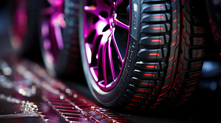 Closeup of a new car wheel with red alloy wheels on a black backgroundの素材