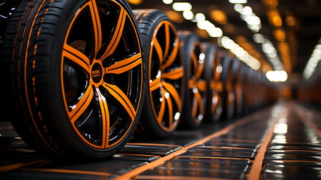 Car wheels in a row in a car repair shop. Selective focus.の素材