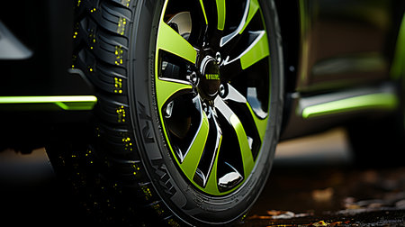 Close-up of a wheel of a modern car. 3D rendering.の素材