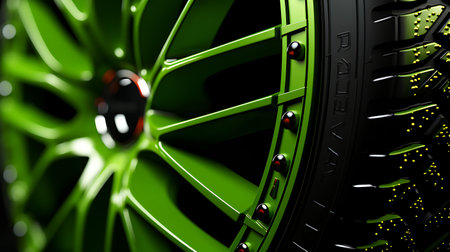Closeup of a green alloy wheel. 3D rendering image.の素材