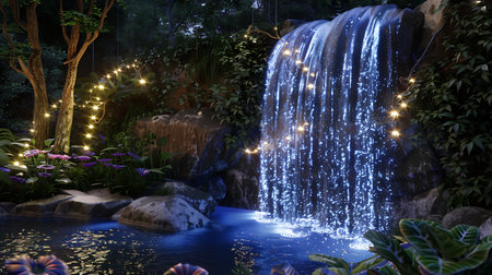 Waterfall in the garden at night with light bulbs and fairy lightsの素材