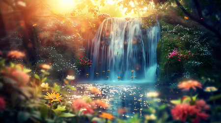 Beautiful waterfall in the tropical forest at sunset. 3d renderingの素材