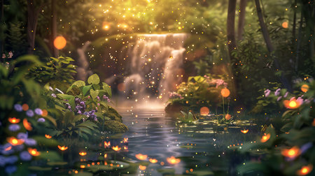 Beautiful waterfall in the garden. 3d rendering and illustration.の素材