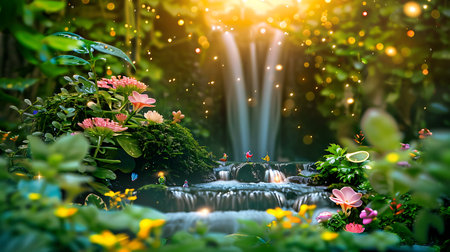 Beautiful flower garden with sunlight and bokeh in the morning.の素材
