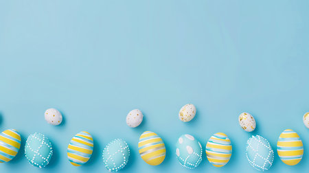 Colorful easter eggs on blue background. Happy Easter concept.の素材
