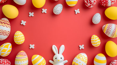 Easter eggs and bunny on red background. 3D illustration.の素材