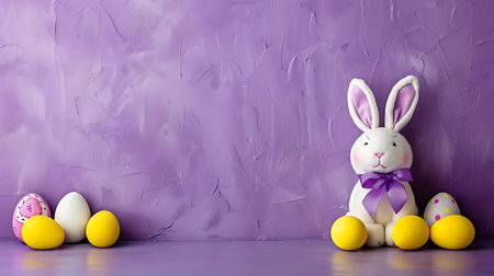 Easter decoration with bunny and eggs on purple background, copy spaceの素材