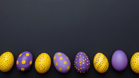 Colorful easter eggs on black background with copy space for textの素材