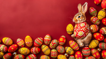 Easter bunny with colorful eggs on red background. Top view.の素材