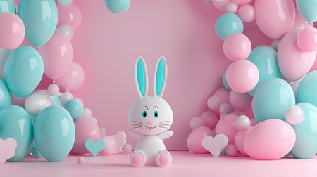 3d rendering of white bunny with pink and blue balloons and hearts.の素材
